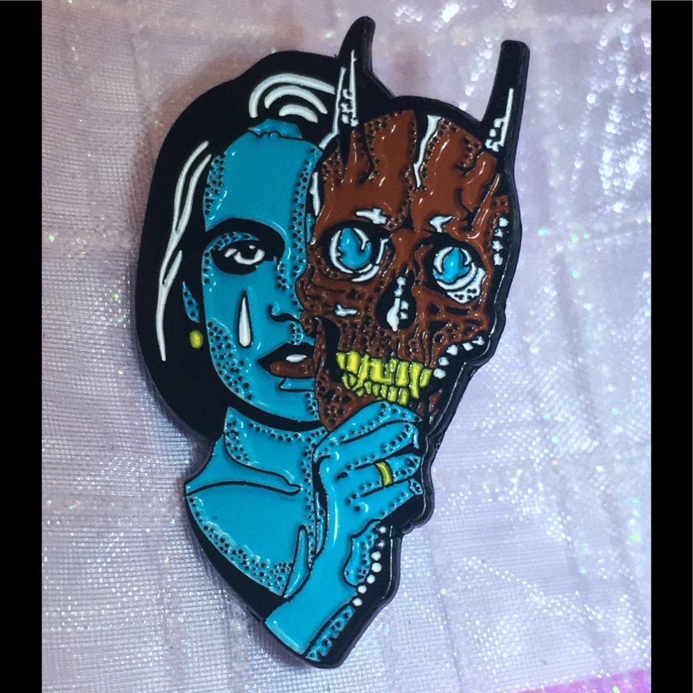 Blue Woman with Demon Mask enamel pin